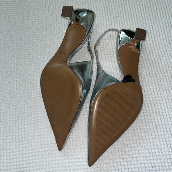 ZARA Metallic Silver Kitty Slingback Pointy Toe Heels - Picture 3 of 4